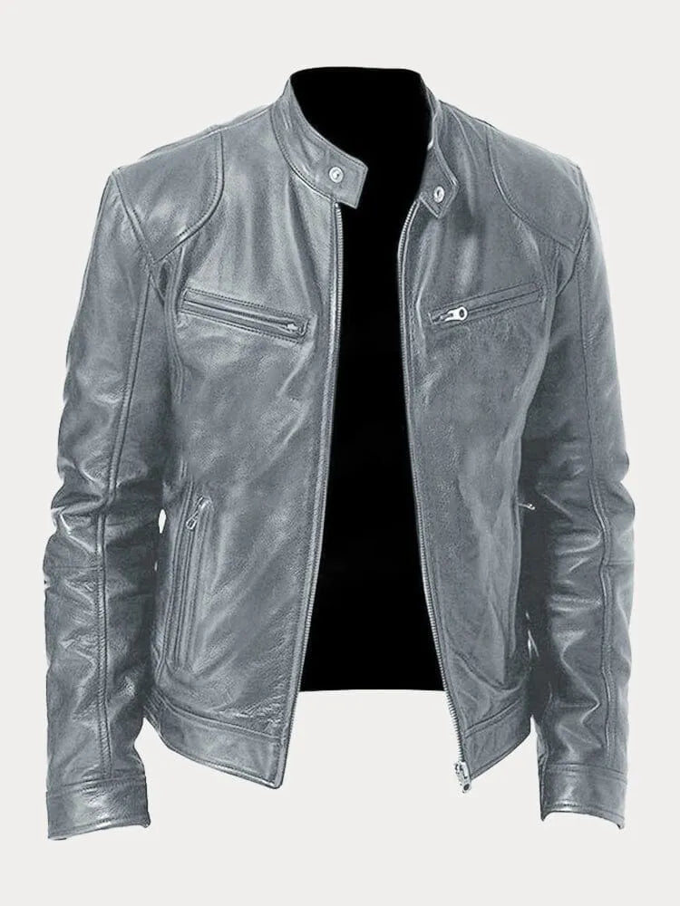 Men's faux leather jacket in silver with biker collar, styled for casual and smart-casual outfits.