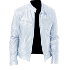 Men's faux leather jacket in white with zip fastening, styled for casual and smart-casual outfits.