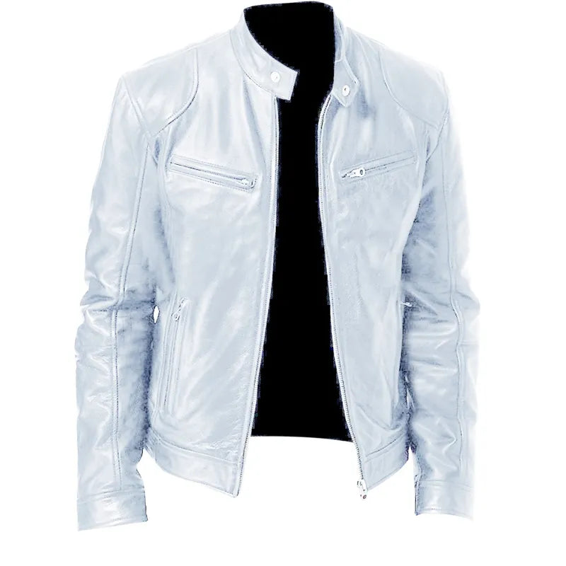 Men's faux leather jacket in white with zip fastening, styled for casual and smart-casual outfits.