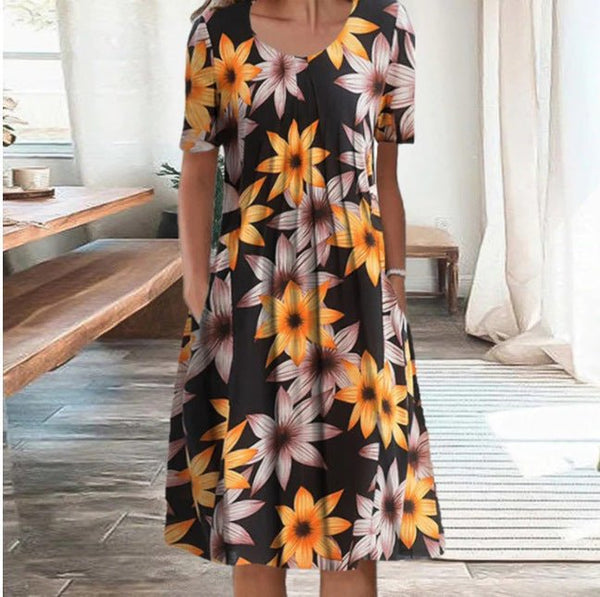 Women’s Casual Midi Dress with Floral Print and Pockets Orange