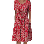 Women’s Casual Midi Dress with Floral Print and Pockets Red