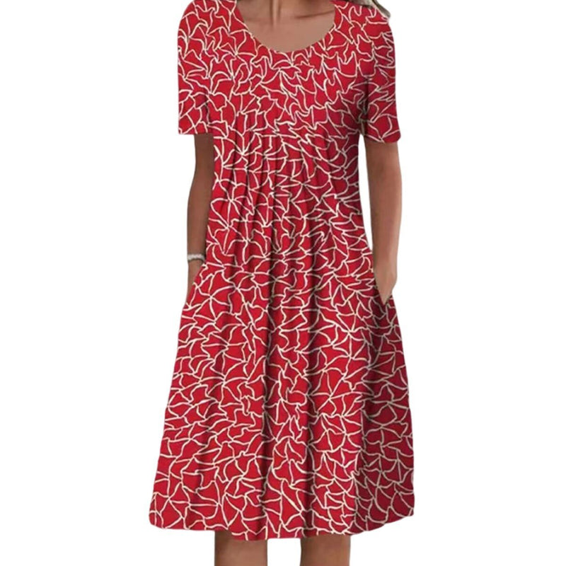 Women’s Casual Midi Dress with Floral Print and Pockets Red