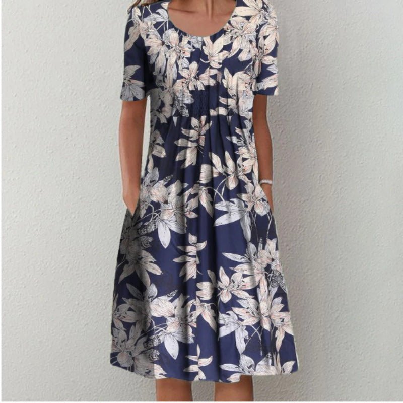 Women’s Casual Midi Dress with Floral Print and Pockets Blue White