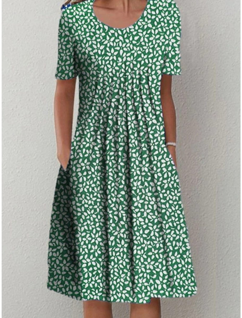 Women’s Casual Midi Dress with Floral Print and Pockets Green