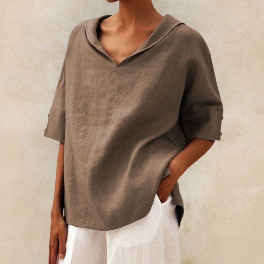 Women’s Relaxed V-Neck Casual Shirt for Everyday Elegance Khaki