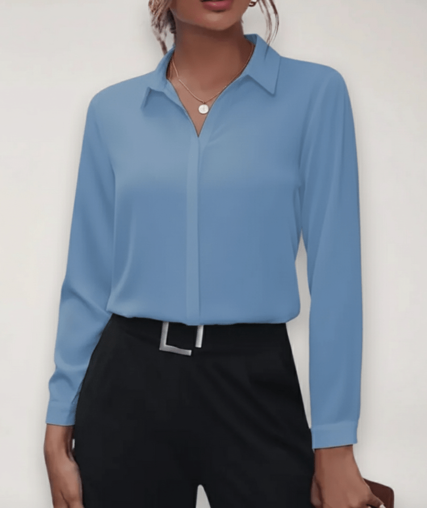 Women’s Elegant Tailored Button-Up Work Blouse Light Blue