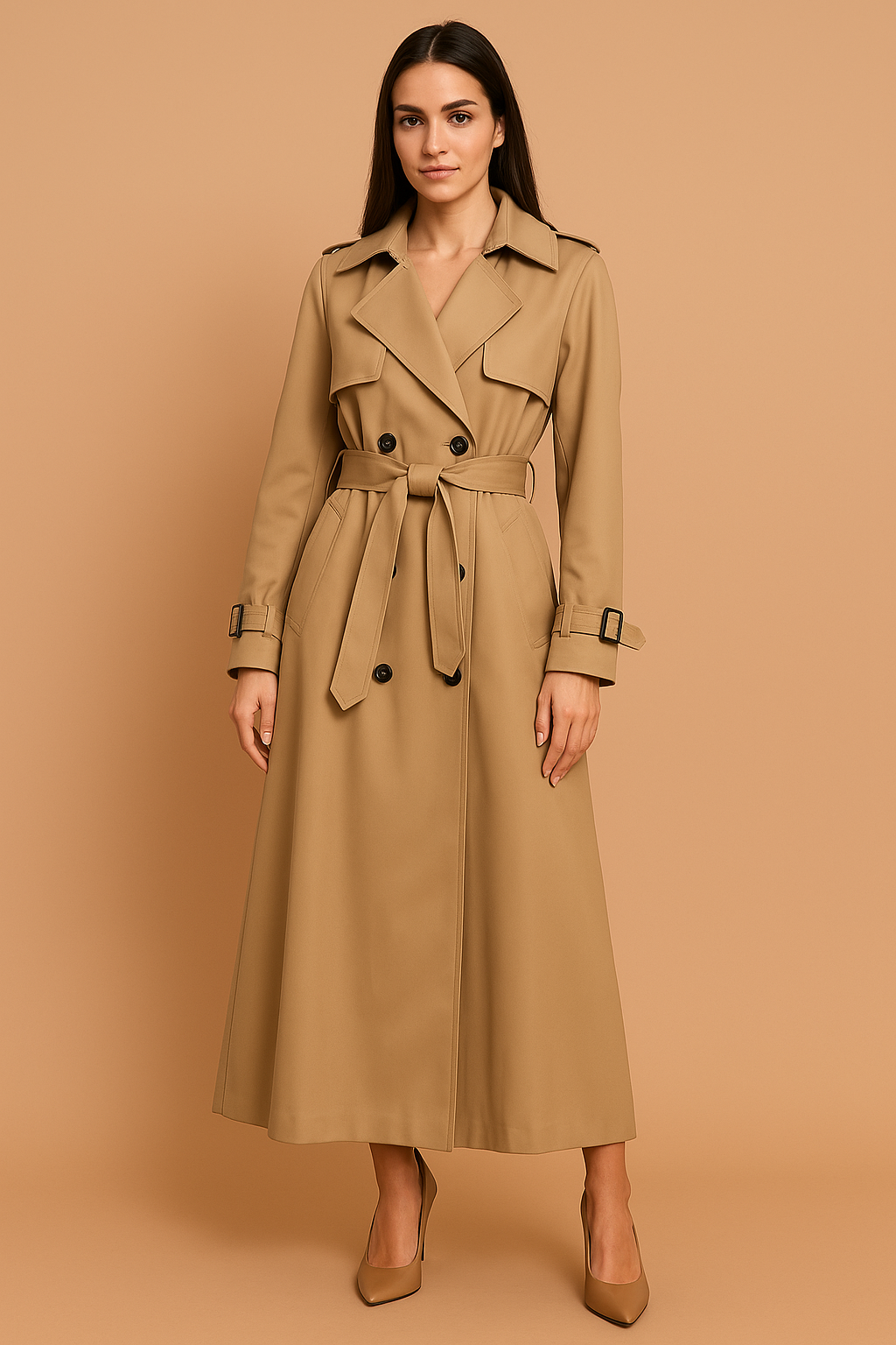 Women’s Stylish Long Trench Coat Khaki