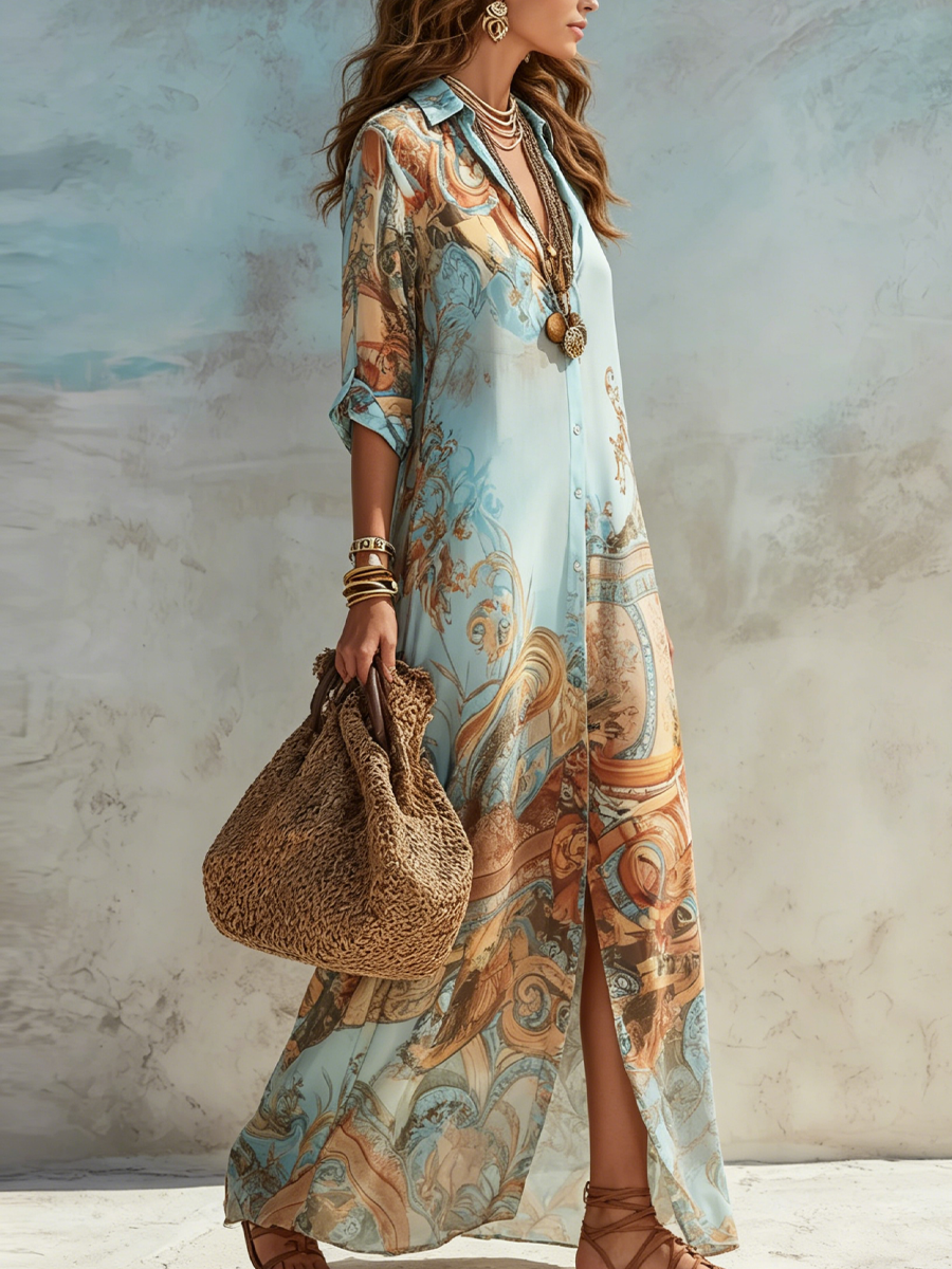 Women's shirt dress in blue with printed maxi skirt, styled for casual and smart-casual outfits.