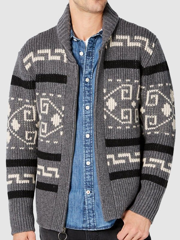 Men’s Shawl Collar Geometric Patterned Cardigan Grey