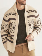 Men’s Shawl Collar Geometric Patterned Cardigan Khaki