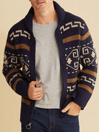 Men’s Shawl Collar Geometric Patterned Cardigan Navy Blue