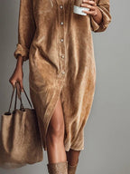 Women's dress in brown with a modern shape-following cut, styled for casual and smart-casual outfits.