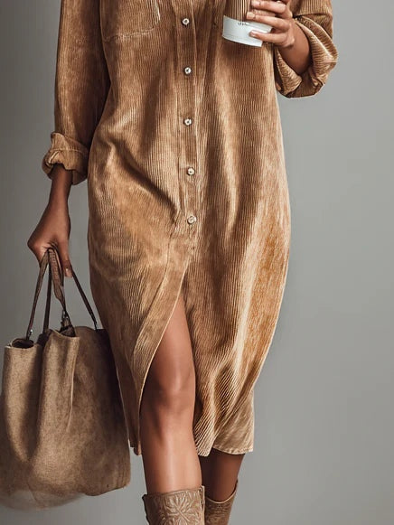Women's dress in brown with a modern shape-following cut, styled for casual and smart-casual outfits.