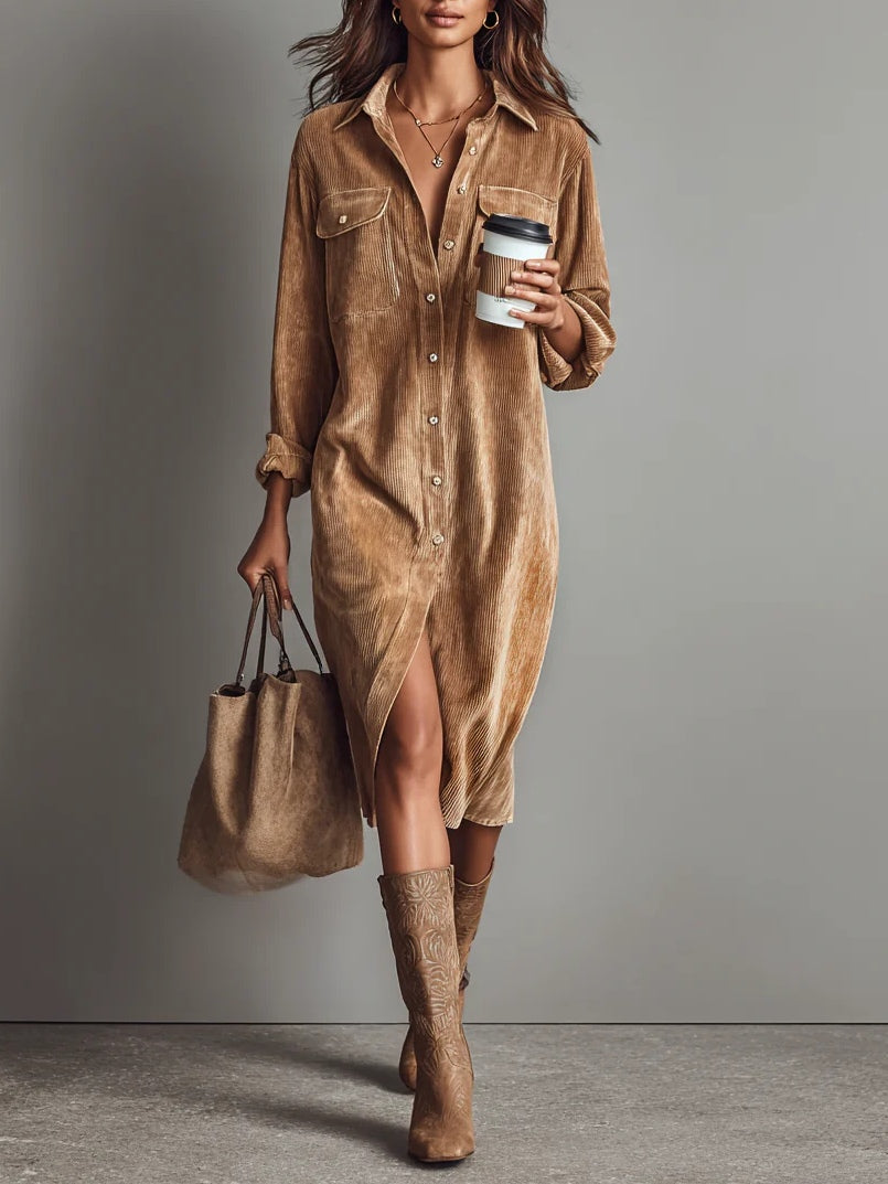 Women's dress in brown with a modern shape-following cut, styled for casual and smart-casual outfits.