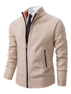 Men’s Ribbed Knit Full-Zip Cardigan with Stand Collar Khaki