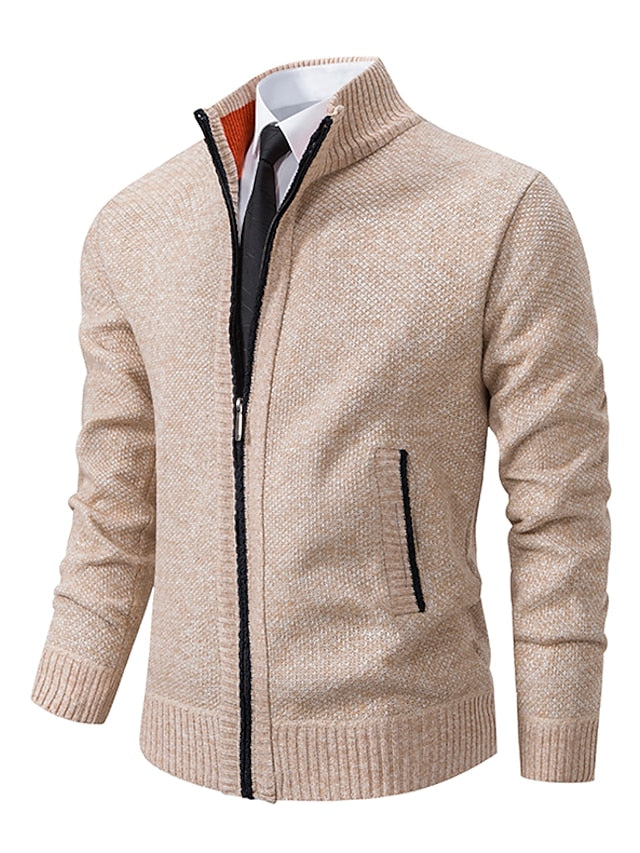 Men’s Ribbed Knit Full-Zip Cardigan with Stand Collar Khaki