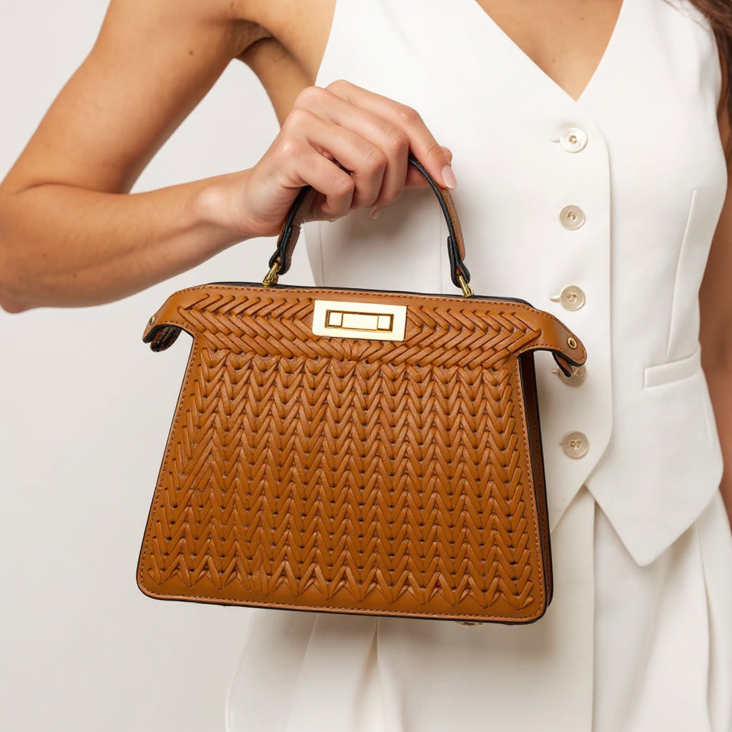 Alia | Women’s Woven Leather Handbag | With Crossbody Strap Brown