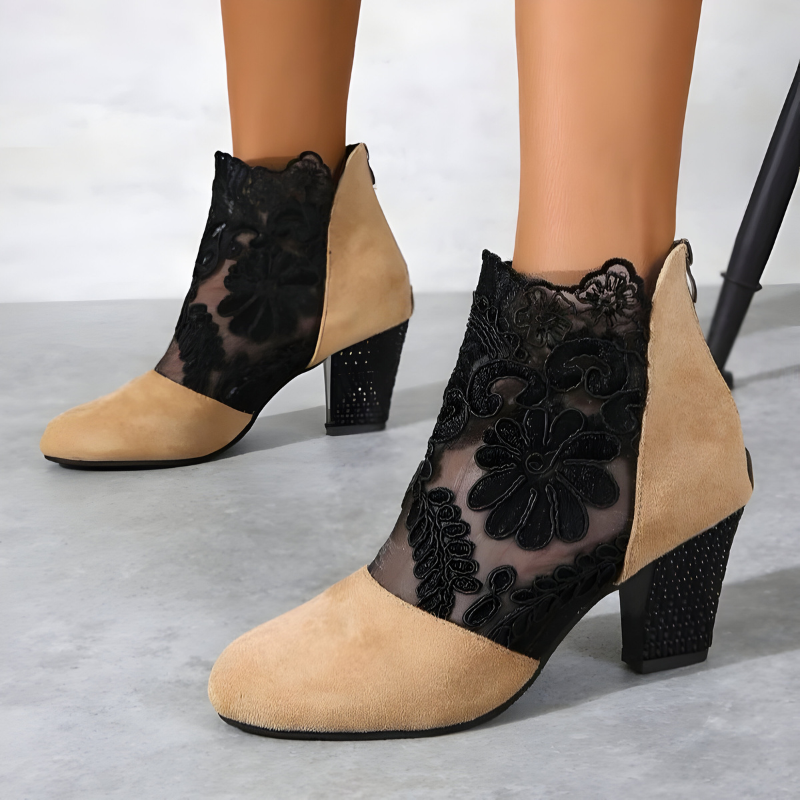 Women's orthopaedic heels in beige with a wide toe box, styled for casual and smart-casual outfits.
