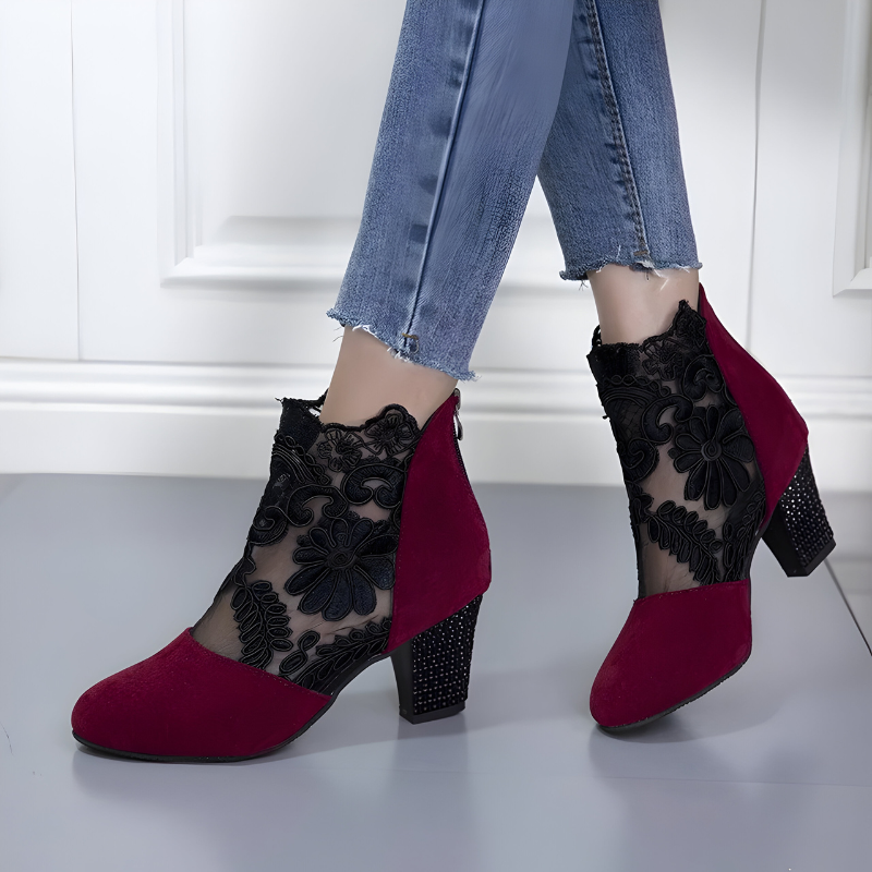 Women's orthopaedic heels in red with a cushioned footbed, styled for casual and smart-casual outfits.