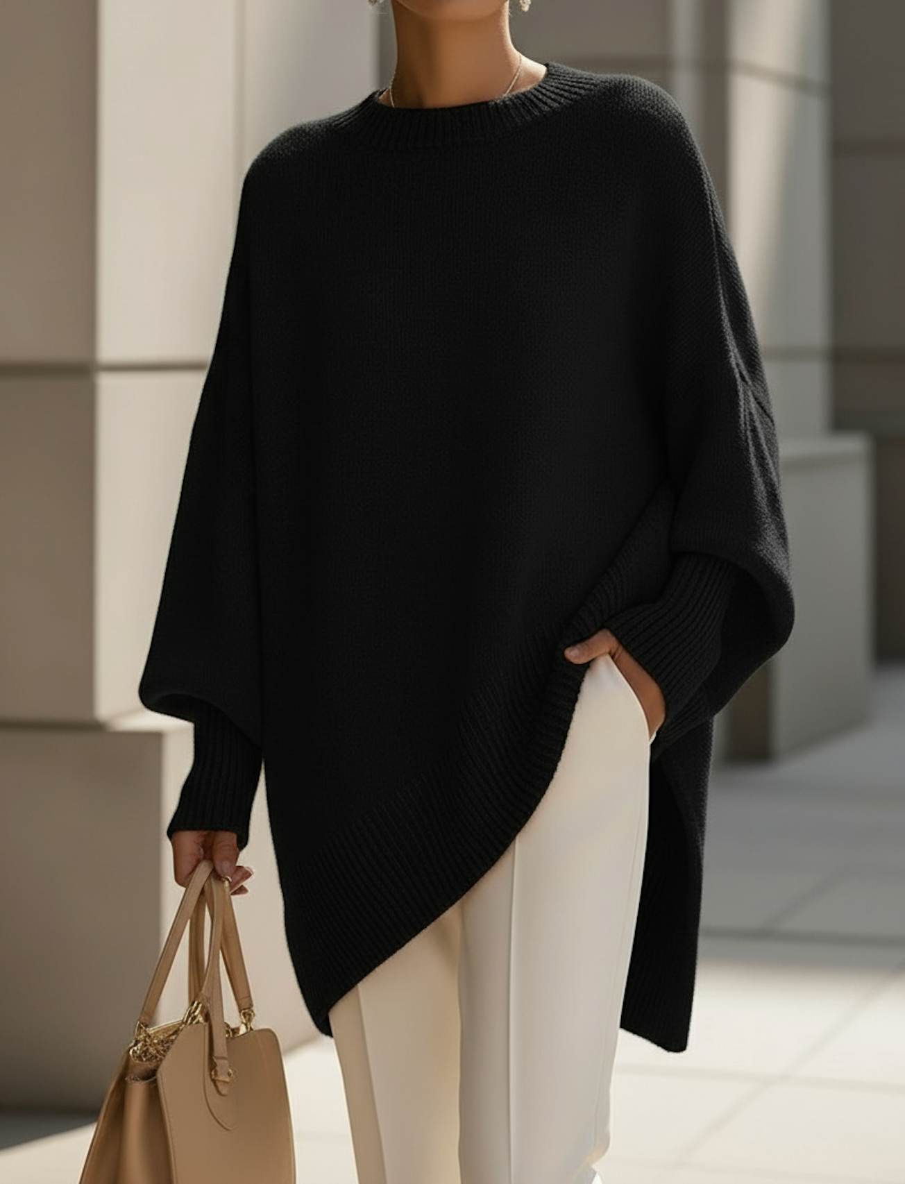 Women's knitted jumper in black with an oversized fit, styled for casual and smart-casual outfits.