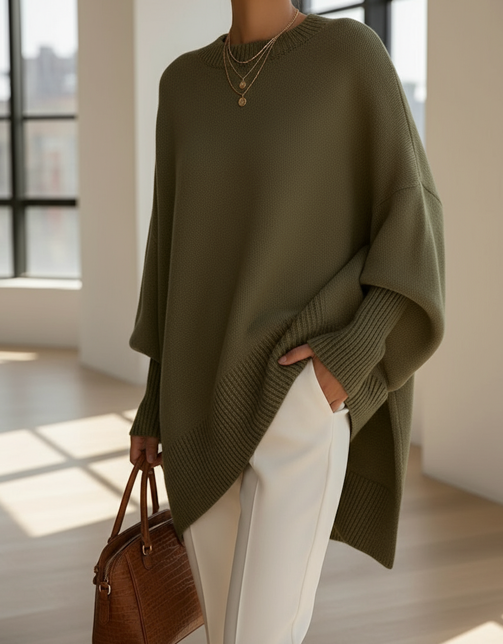 Women's knitted jumper in green with an oversized fit, styled for casual and smart-casual outfits.