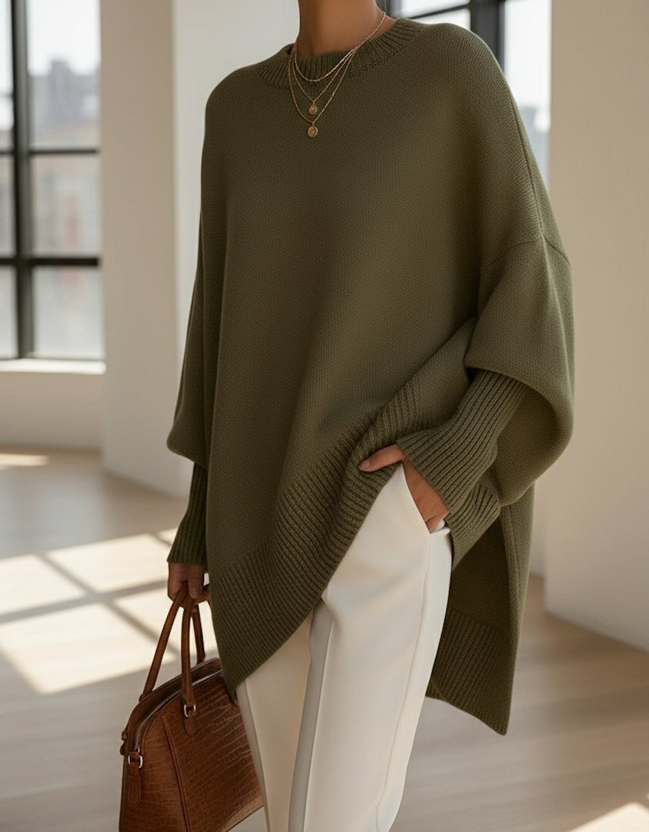 Women's knitted jumper in green with an oversized fit, styled for casual and smart-casual outfits.