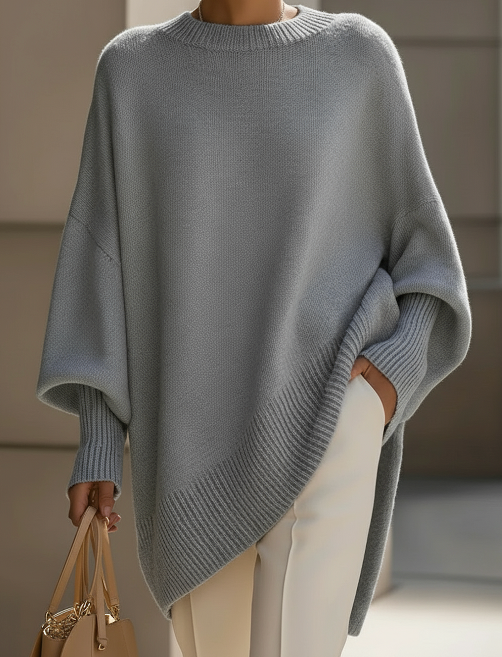 Women's knitted jumper in grey with an oversized fit, styled for casual and smart-casual outfits.