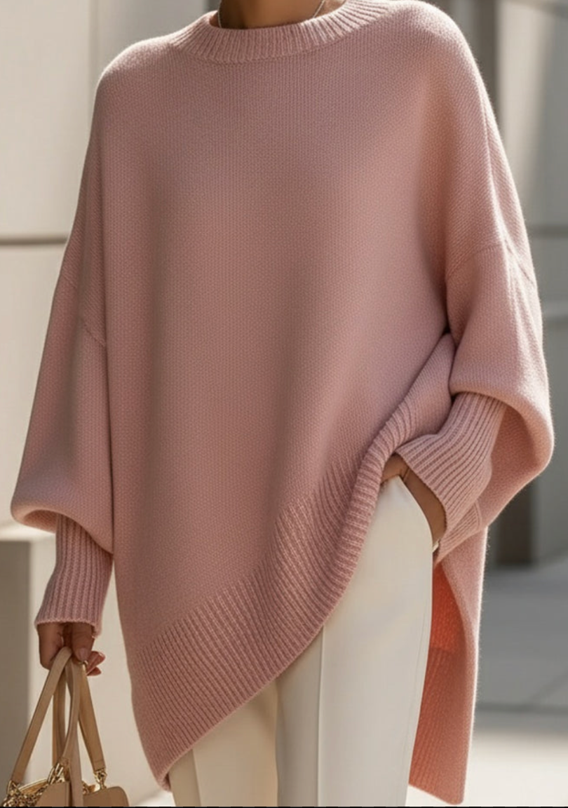 Women's knitted jumper in pink with an oversized fit, styled for casual and smart-casual outfits.