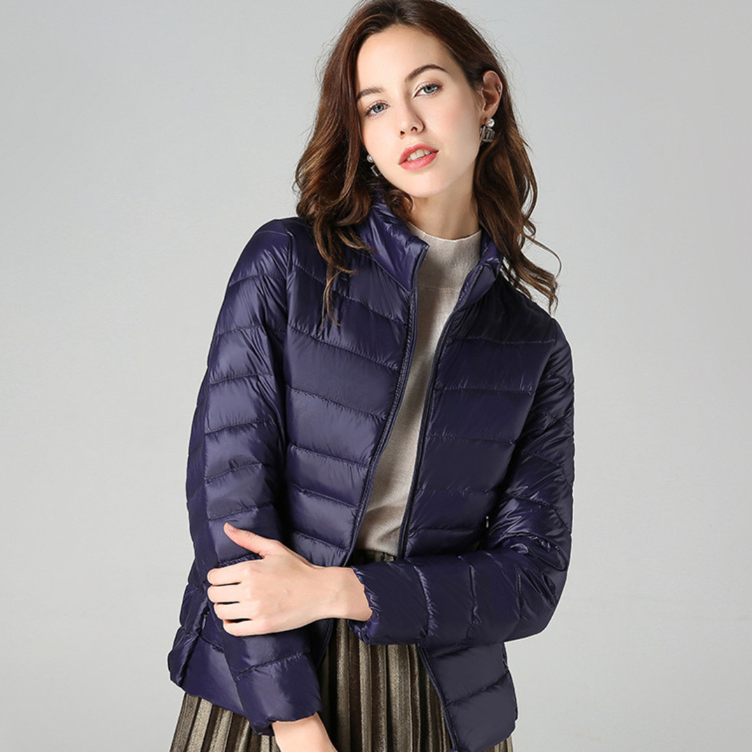 Women’s Ultra-Light Puffer Jacket with Fine Pleats Navy Blue