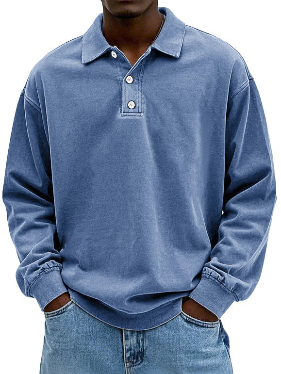 Men’s Elegant Long-Sleeved Polo Shirt for Smart-Casual Style Blue