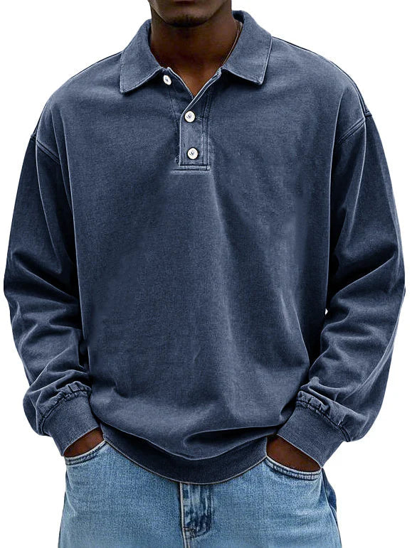 Men’s Elegant Long-Sleeved Polo Shirt for Smart-Casual Style Navy