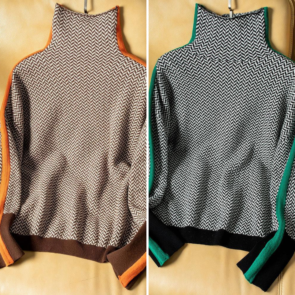 Women's roll-neck jumper in orange with all-over print, styled for casual and smart-casual outfits.