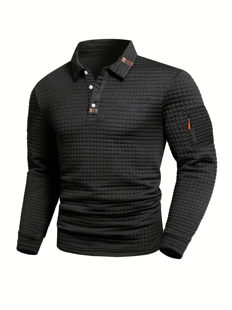 Men’s quilted jumper in black with quilted panel detail, styled for casual and smart-casual outfits.