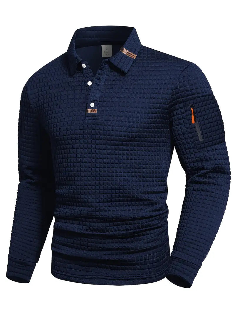 Men’s quilted jumper in blue with quilted panel detail, styled for casual and smart-casual outfits.