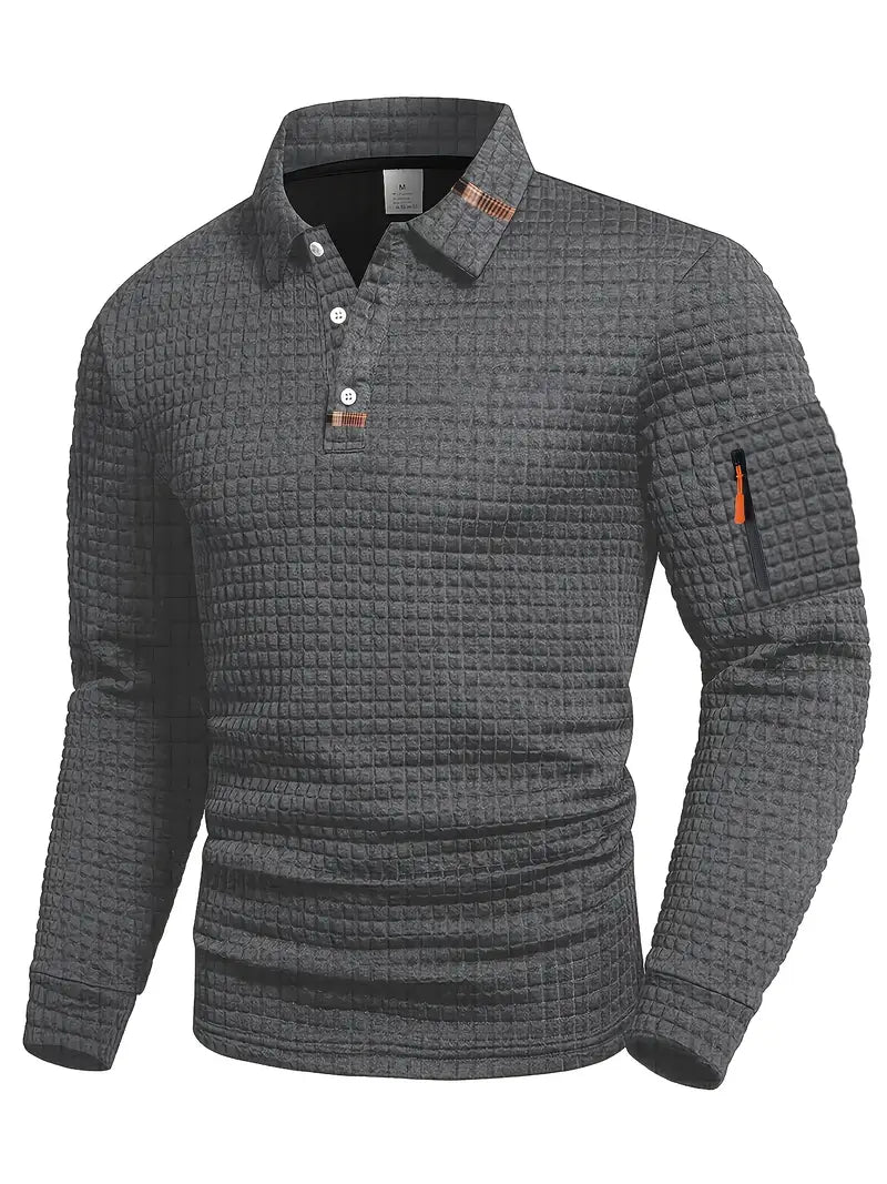 Men’s quilted jumper in grey with quilted panel detail, styled for casual and smart-casual outfits.