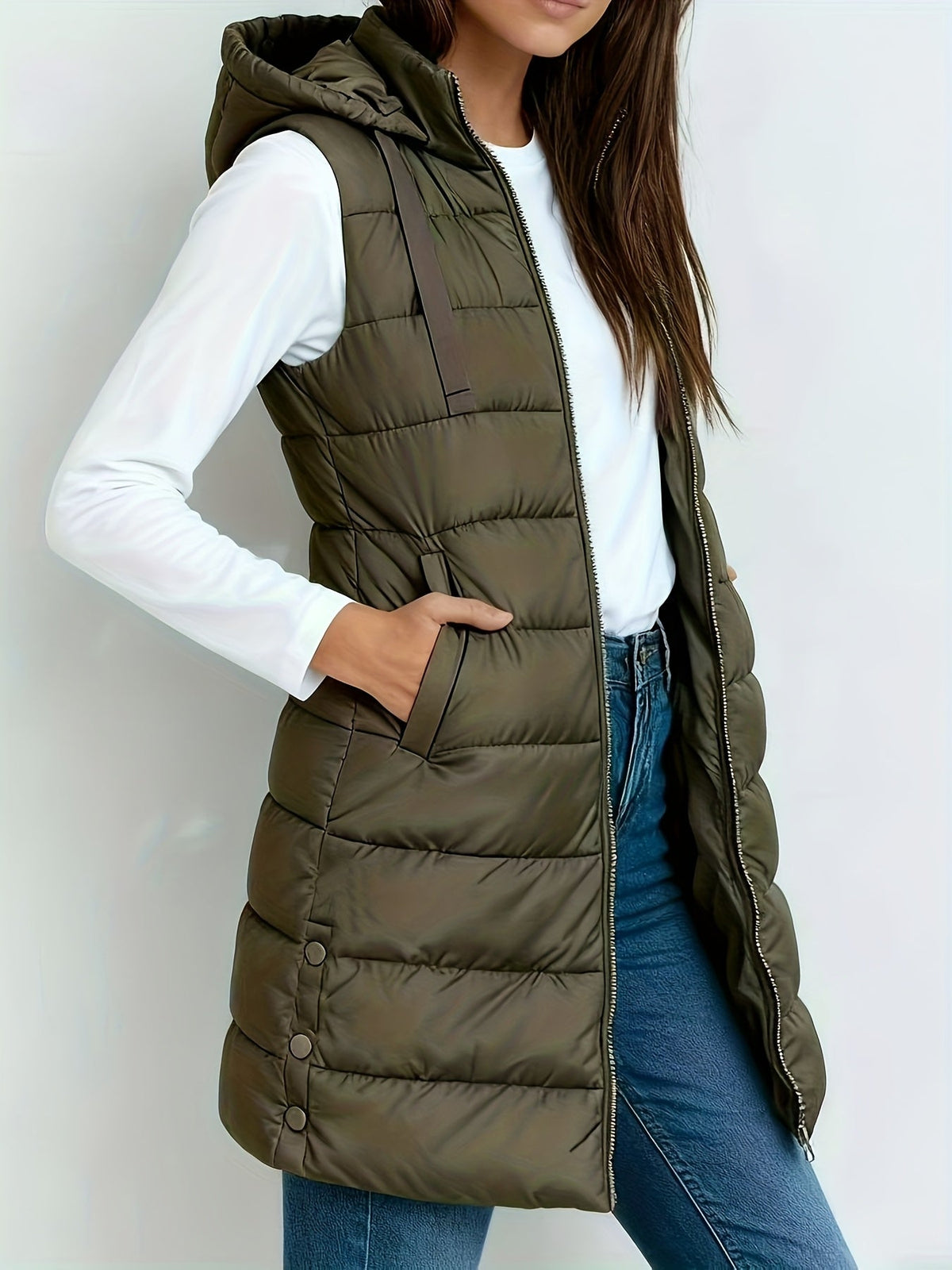 Women’s Elegant Quilted Longline Gilet Army Green