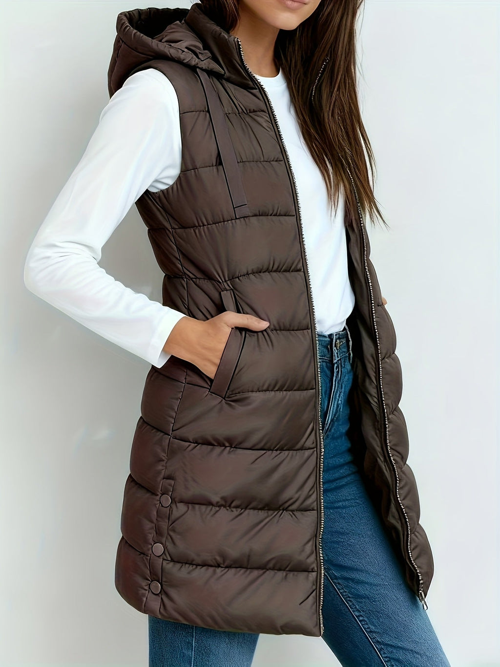 Women’s Elegant Quilted Longline Gilet Coffee