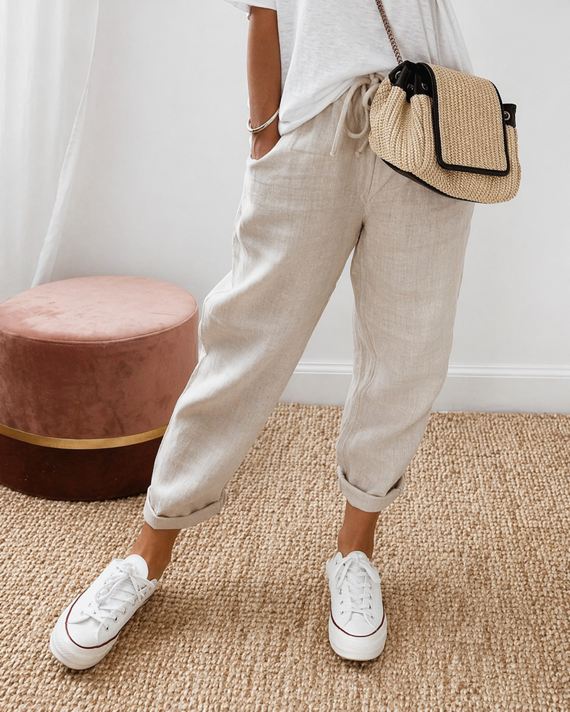 Women's relaxed fit trousers in khaki with elasticated waist, styled for casual and smart-casual outfits.