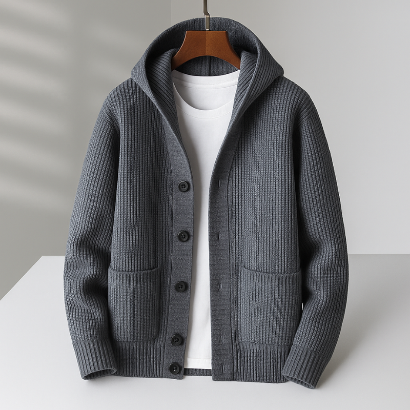 Men’s Casual Ribbed Hooded Cardigan Grey