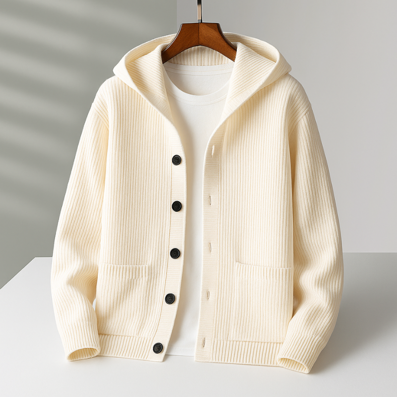 Men’s Casual Ribbed Hooded Cardigan White