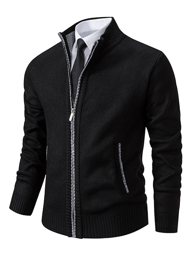 Men’s Ribbed Knit Full-Zip Cardigan with Stand Collar Black