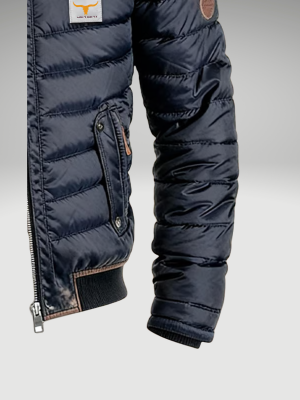 Men's short winter jacket in Navy Blue with quilted padding, styled for casual and smart-casual outfits.