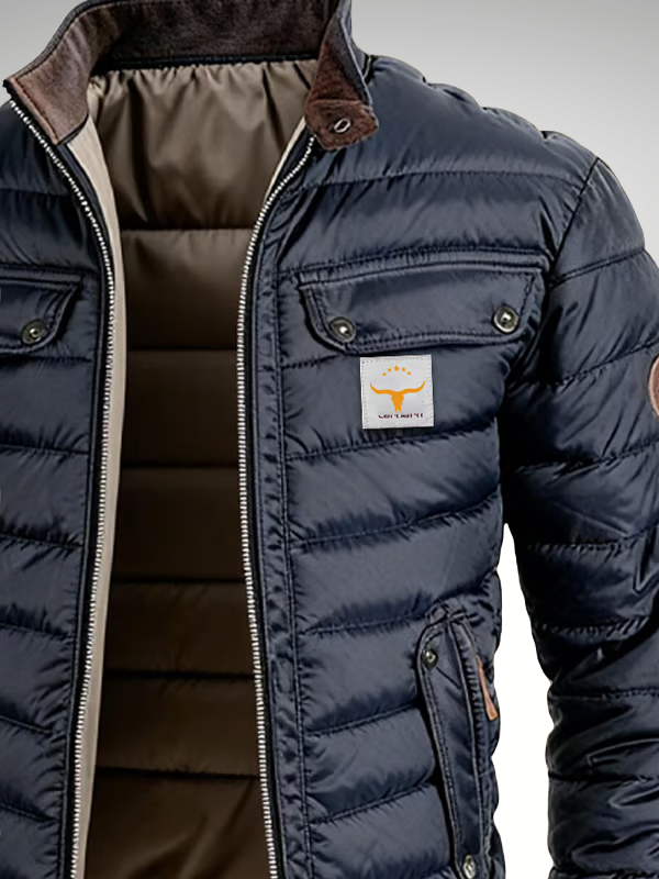 Men's short winter jacket in Navy Blue with quilted padding, styled for casual and smart-casual outfits.