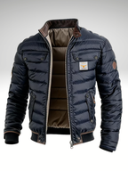 Men's short winter jacket in Navy Blue with quilted padding, styled for casual and smart-casual outfits.