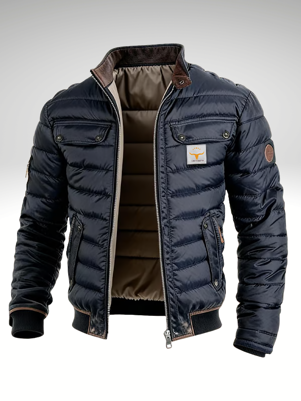 Men's short winter jacket in Navy Blue with quilted padding, styled for casual and smart-casual outfits.