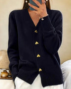 Women’s Cozy Ribbed Knit V-Neck Cardigan Sweater with Heart Buttons Black