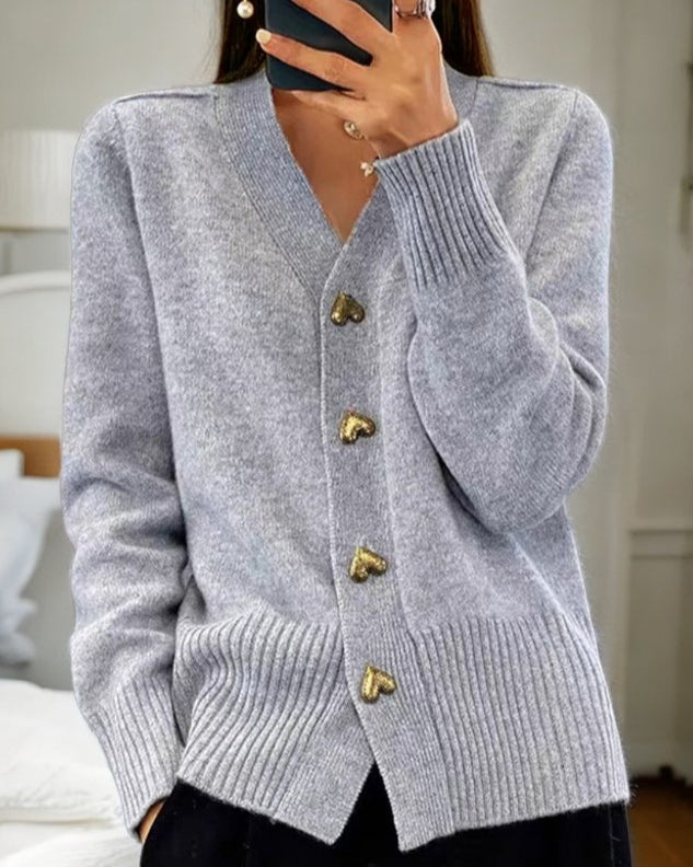 Women’s Cozy Ribbed Knit V-Neck Cardigan Sweater with Heart Buttons Grey