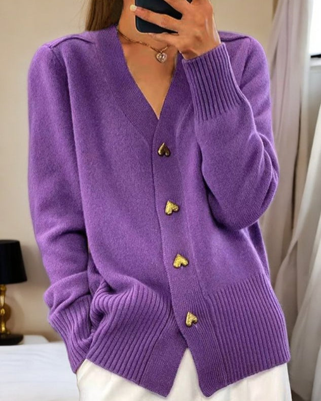 Women’s Cozy Ribbed Knit V-Neck Cardigan Sweater with Heart Buttons Violet