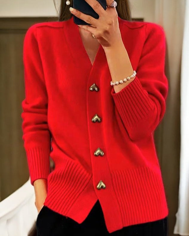 Women’s Cozy Ribbed Knit V-Neck Cardigan Sweater with Heart Buttons Red