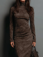 Women's midi dress in brown with a tailored waist, styled for casual and smart-casual outfits.
